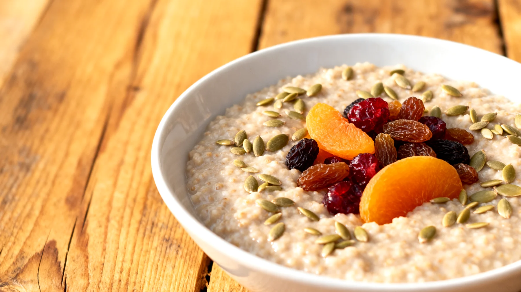 Amaranth-Porridge mit Hanfsamen und Trockenfrüchten"