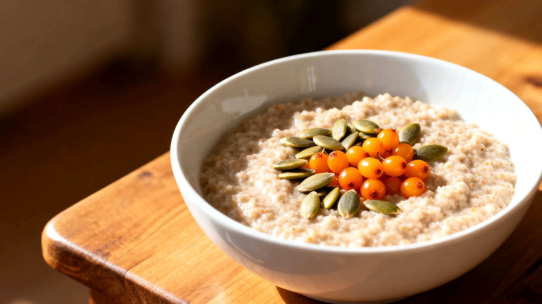 Amaranth-Porridge mit Kürbiskernen und Sanddornbeeren"