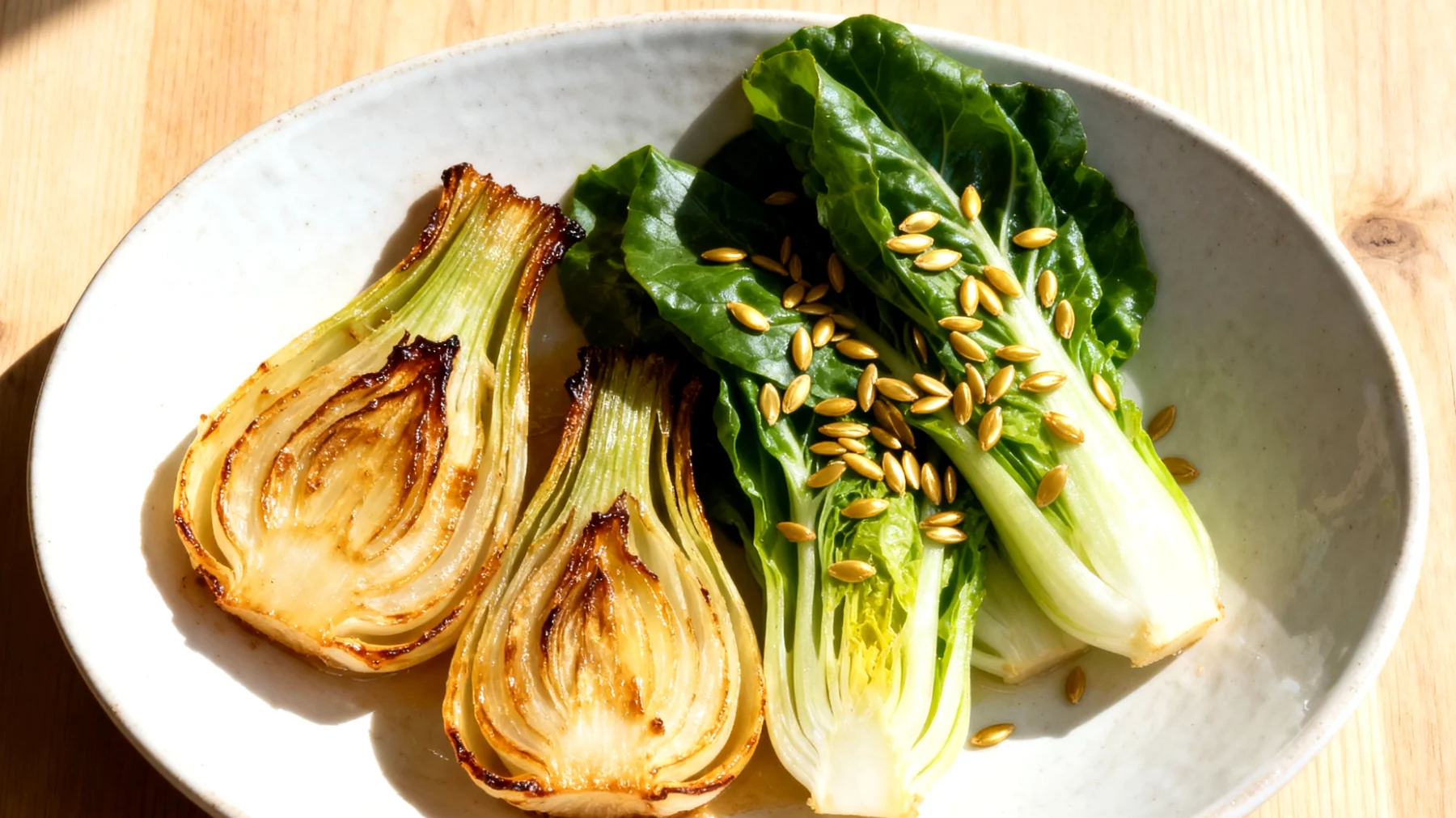 Geschmorter Fenchel mit Leinsamen und gedünstetem Chicorée"