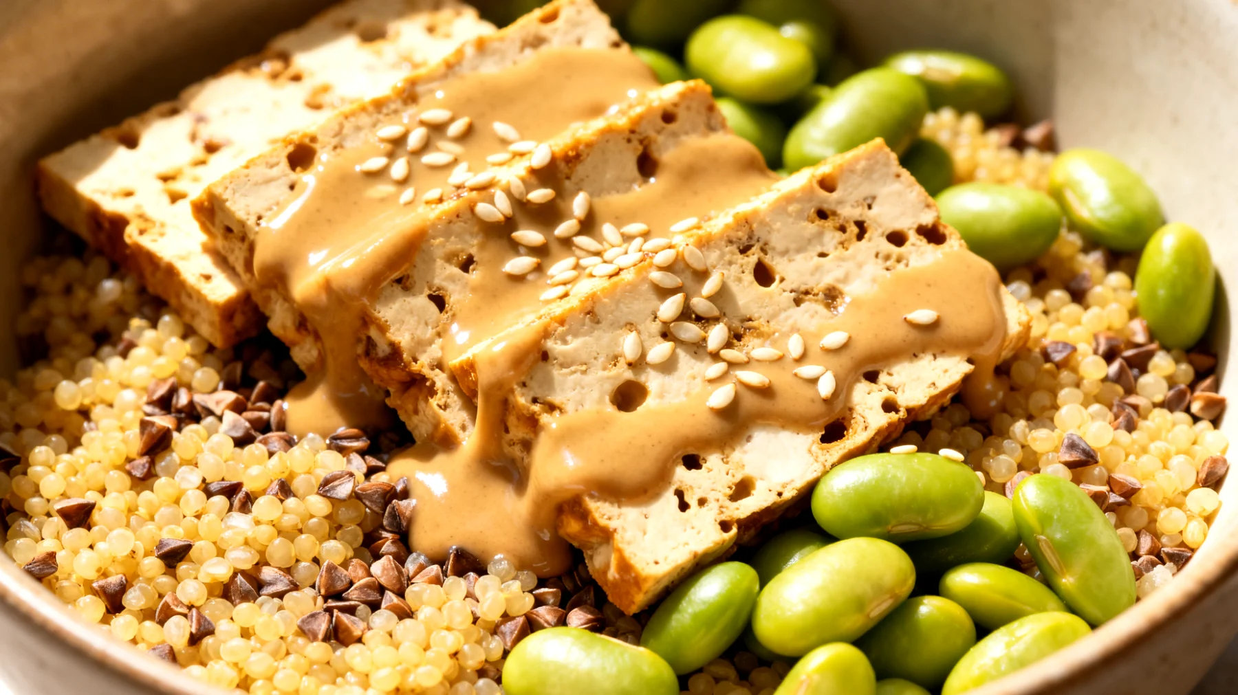 Hirse-Buchweizen-Bowl mit Tempeh, Edamame und Sesam-Tahini-Dressing"