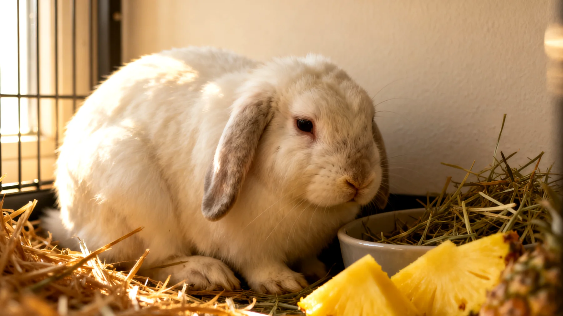 Kaninchen in Wohnungshaltung leiden häufig unter Verdauungsproblemen und Haarballen, die mit natürlichen Hausmitteln wie frischem Ananas- oder Papayasaft sowie erhöhter Heugabe gelindert werden können"