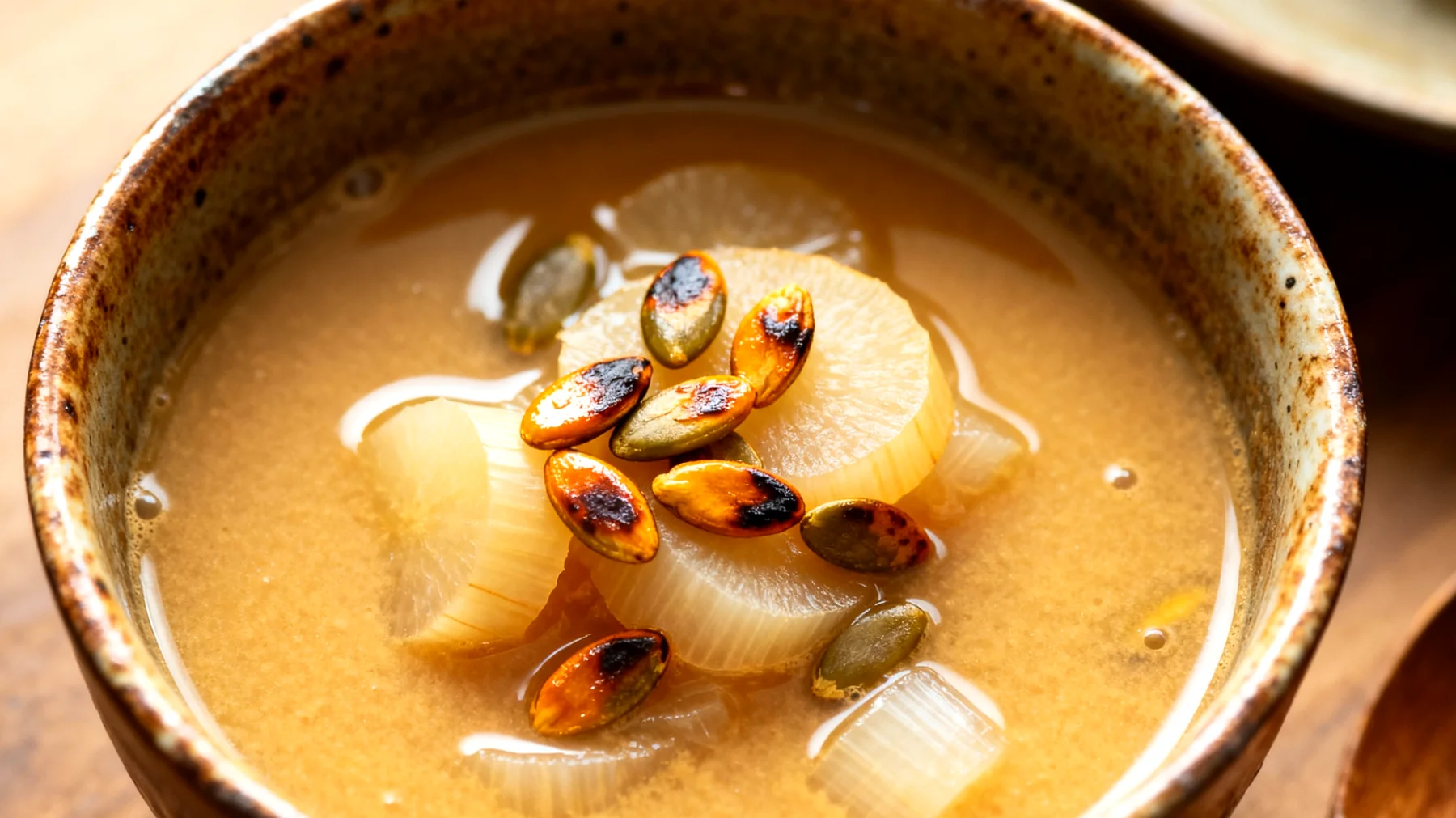 Miso-Suppe mit fermentierten Rüben und gerösteten Kürbiskernen"